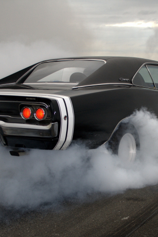 Dodge Charger R/T, muscle car, rear, smoke, 240x320 wallpaper