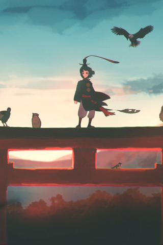 Anime, sunset, boy and birds, art, 240x320 wallpaper