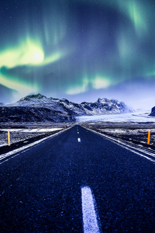 Aurora Borealis, Northern Lights, highway, road, winter, 240x320 wallpaper