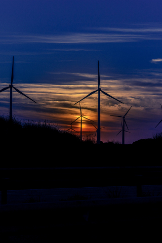 Sunset, wind mills, turbines, blue sky, 240x320 wallpaper