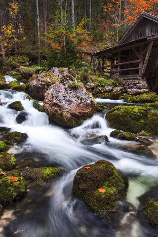 Gollinger Mill, waterfalls, rocks, river stream, nature, Austria, 240x320 wallpaper