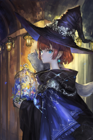 Beautiful wizard, anime girl, redhead, art, 240x320 wallpaper