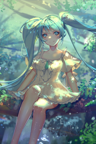 Hatsune Miku, sitting on tree, forest, art, 240x320 wallpaper