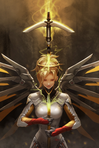 Robotic wings, mercy, angel, overwatch, artwork, 240x320 wallpaper