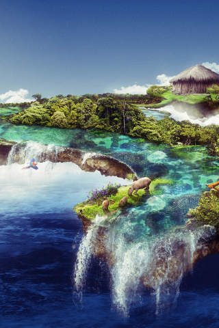 Floating island, waterfall, clouds, wildlife, sea, fantasy, 240x320 wallpaper