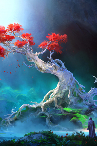 Red leaf bloom, lone tree, fantasy, art, 240x320 wallpaper