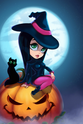 Cute witch and kitten, Halloween, art, 240x320 wallpaper