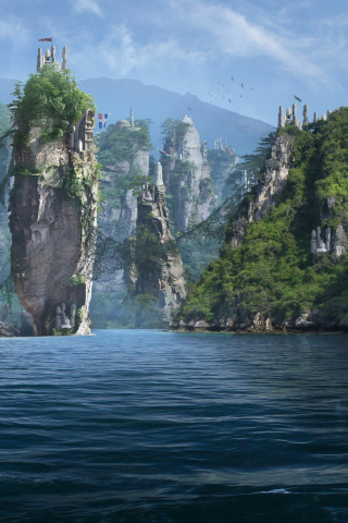 Forgotten islands, panorama, sea, cliffs, fantasy, 240x320 wallpaper