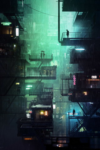Night of city, stairs, buildings, art, 240x320 wallpaper