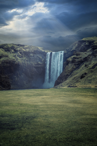 skógafoss waterfalls of Iceland, cliffs, green landscape, nature, 240x320 wallpaper