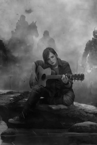 Download wallpaper 240x320 video game, bw, monochrome, the last of us 2,  guitar play, old mobile, cell phone, smartphone, 240x320 hd image  background, 16892