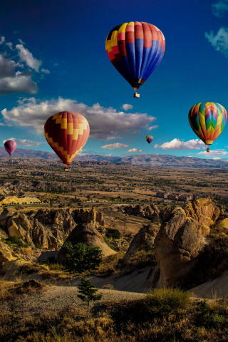 Landscape, hot air bolloons, valley, hills, colorful, 240x320 wallpaper