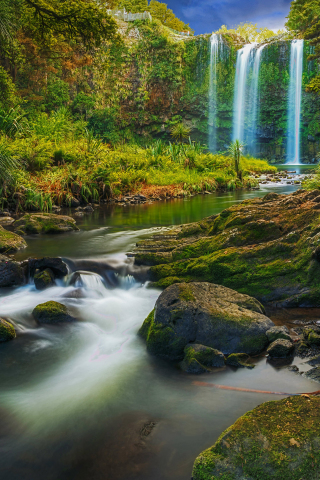 Waterfall, flowing river, forest, green and beautiful nature, 240x320 wallpaper