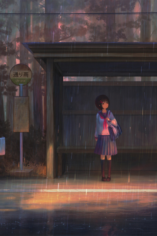 School girl, waiting for bus, rain, outdoor, 320x480 wallpaper
