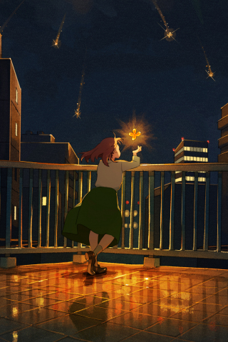 Girl art balcony, enjoying night, art, 240x320 wallpaper