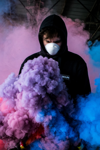 Colorful smoke, man in mask, 240x320 wallpaper