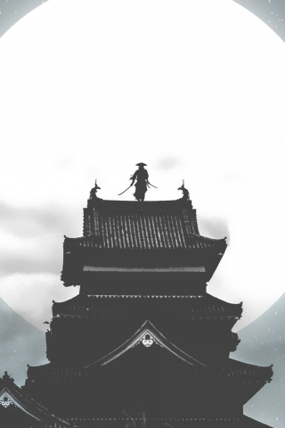 Moon, house, samurai, warrior, night, art, 240x320 wallpaper