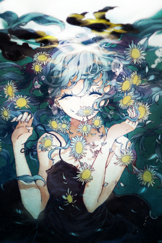 Hatsune Miku, flowers, underwater, art, 240x320 wallpaper