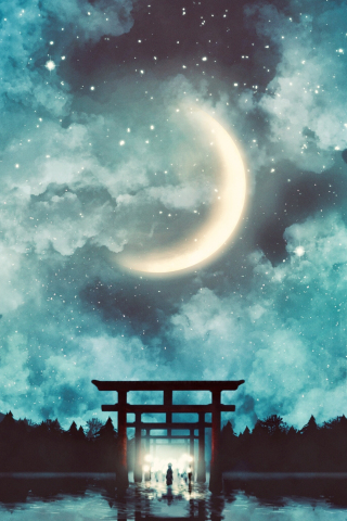 Fantasy, moon, gate, clouds, art, 240x320 wallpaper