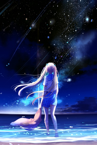 Anime girl, outdoor, night, starfall, 240x320 wallpaper