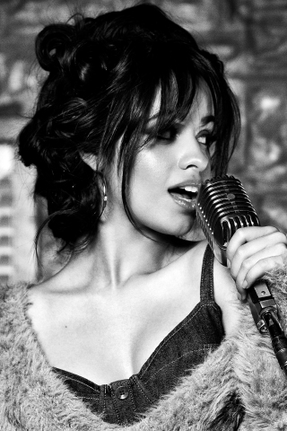 Camila Cabello, microphone, Guess, monochrome, 240x320 wallpaper