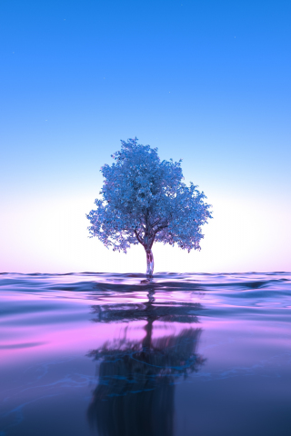 Tree neon, body of water, reflections. clear sky, pink-blue digital art, 240x320 wallpaper