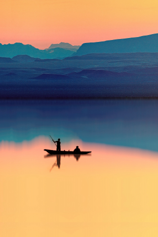 Lake, silhouette, fishing, horizon, sunset, 240x320 wallpaper