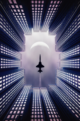 Jet, fighter plane, buildings, facade, silhouette, 240x320 wallpaper