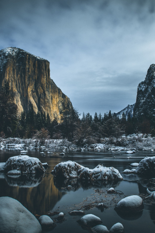 National Park, Yosemite Valley, river, mountains, stones, 240x320 wallpaper