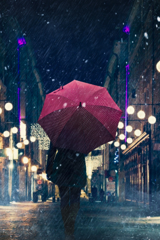 Silhouette, man with an umbrella, walk, umbrella, street, night, city, 240x320 wallpaper