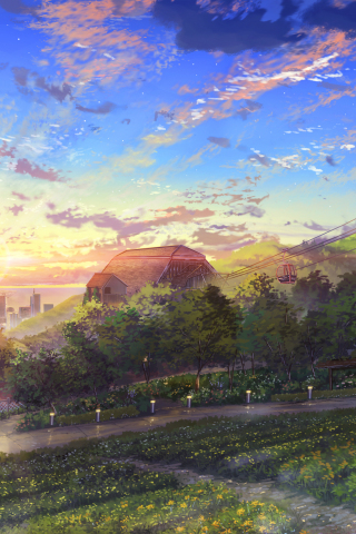 Sunset, garden, artwork, 240x320 wallpaper