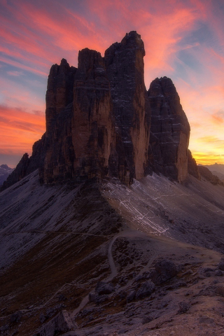 Dolomites, Canyon, landscape, cliffs, sunset, 240x320 wallpaper