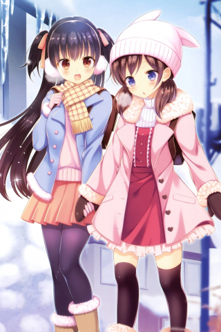 Winter, outdoor, girls, anime, friends, 240x320 wallpaper