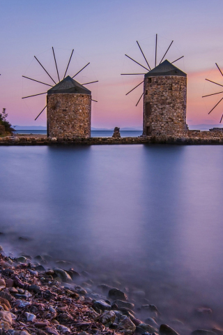 Windmill, coast, sunset, pebbles, sea, 240x320 wallpaper