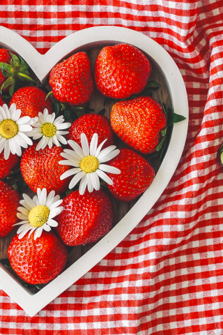 Strawberries bowl, heart shape, fruits, 240x320 wallpaper