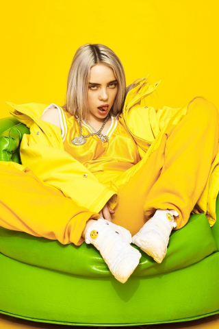 Billie Eilish, pretty singer, yellow outfit, 2020, 240x320 wallpaper