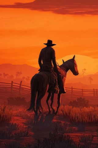 Arthur Morgan, Evening Ride on Horse, landscape, sunset, 240x320 wallpaper