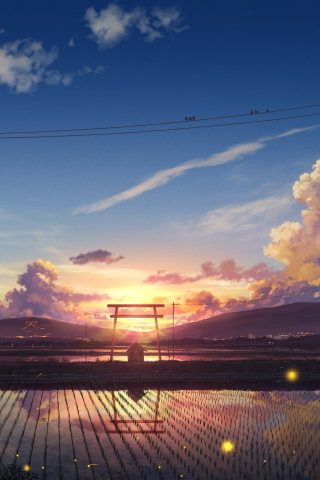 Farms, landscape, village, sunset, anime, 240x320 wallpaper
