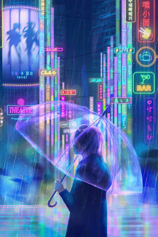 Glowing city, neon, girl with umbrella, original, artwork, 240x320 wallpaper
