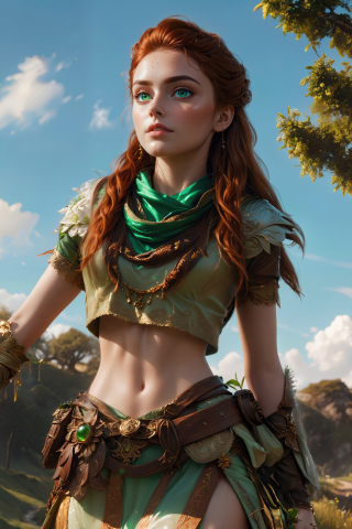 Beautiful Aloy, green eyes, Horizon Zero Dawn, fantasy game, art, 240x320 wallpaper