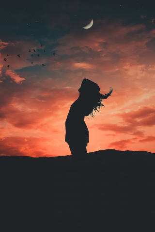 Sunset, girl, freedom, outdoor, relaxed, silhouette, 240x320 wallpaper