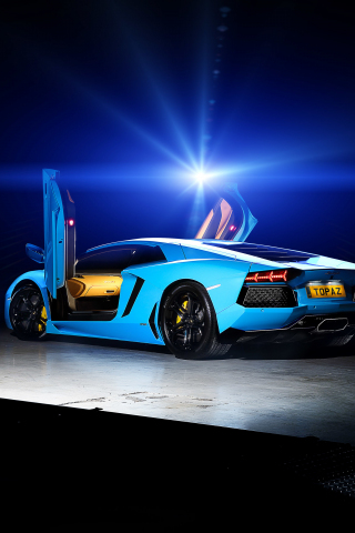 Blue, sports car, Lamborghini Aventador, 240x320 wallpaper