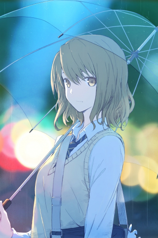Anime girl, portrait, bokeh, umbrella, 240x320 wallpaper