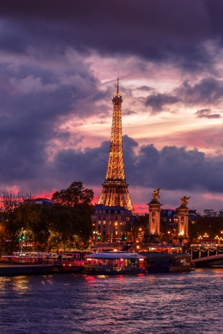 Eiffel tower, night, city, Paris, clouds, 240x320 wallpaper