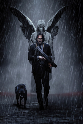John Wick and his dog, walking in the rain, movie, 240x320 wallpaper