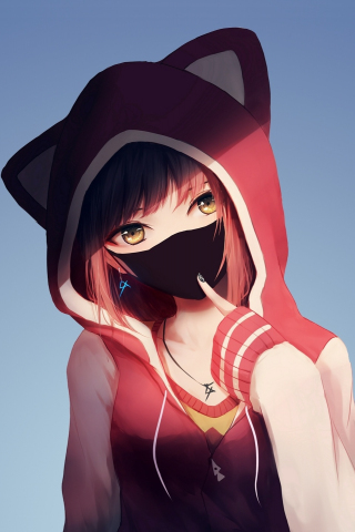 Anime girl in hoodie, mask, original, 240x320 wallpaper