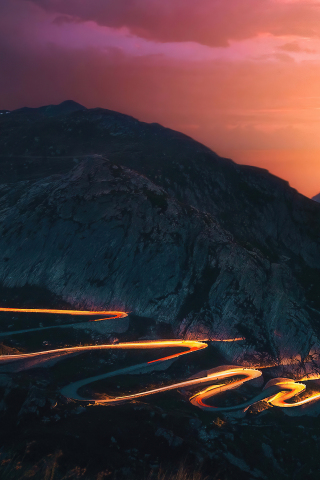 Sunset, trails of lights, mountains, road, long exposure, 240x320 wallpaper