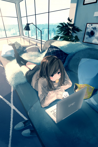Laptop, anime girl, relaxed, original, art, 240x320 wallpaper