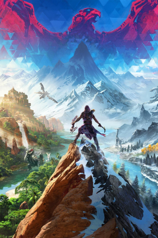 Horizon Call of the Mountain, on peak of mountain, 2023 gaming, 240x320 wallpaper
