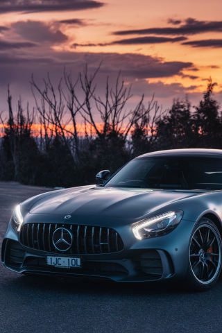 Sunset, Mercedes-AMG GT, luxury car, 240x320 wallpaper